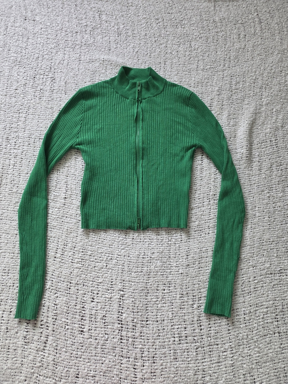 Forever 21 Green Ribbed Zip-Up Mock Neck Top